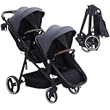 Tandem Doppel-Kinderwagen Neugeborene und Kleinkinder, faltbarer Zwillingskinderwagen mit wendbarem Sitz, 5-Punkt-Sicherheitsgurt, verstellbarer Rückenlehne & Baldachin, Aufbewahrungskorb, Dunkelgrau