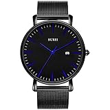 BUREI Ultra Dünne Uhren Herren Schwarze Analoges Datum Armbanduhr Herren mit Japanisches Quarzwerk, Geschenke für Männer