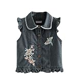 linboo Mädchen Jeansjacke Kinder Jeansweste Ärmellos Mantel Frühling Herbst Denim Weste Spitze Slim Fit Outfit Top, Dunkelblau, 122-128(Etikettengröße: 130)