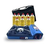 Campata Slim tragbarer Gaskocher Set | Turbo Campingkocher mit 8 Gaskartuschen und Aufbewahrungsbox | Orange oder Blau| (Blue)