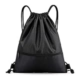 Turnbeutel mit Kordelzug, 42*50 cm Wasserdichter Beutel Rucksack mit Reißverschlusstasche Sportbeutel Rucksack für Sport Reisen (Schwarz)