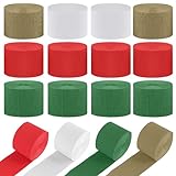 JIANGZHIB 12 Rollen Krepppapier Bunt, Krepppapier 4 Farben, Weiß, Rot, Gold, Dunkelgrün, Party Deko Kreppband, Krepppapier Luftschlangen Für Hochzeiten, Geburtstage, Weihnachtsdekorationen 4.5cm x 25m