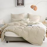 TOCOMOA Seersucker Bettwäsche 155x220 Sommer 2teilig - Beige Bettwäsche-Sets Geprägte Streifentextur ÖKO-TEX Zertifiziert Mikrofaser Bettbezug mit Reißverschluss, Kissenbezug 80x80 cm