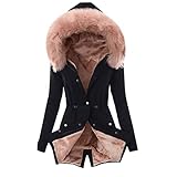 FUPODD Wintermantel Damen Mittellang Winterjacke Warm Gefüttert Fleece Parka Mantel Mit Kapuze Kunstpelzkragen Jacke Frauen Winter Winterparka Verdickene Outdoor Übergangsjacke Mit Knöpfen Zipper