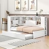 WIZBED Funktionsbett | Stauraumbett | Kinderbett mit Ausziehbett, USB und Bücherregal, Kiefernholz Plattformbett mit Regal, für Kinder, Jungendliche,Weiß 90x200cm(90x190cm)