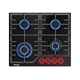 TOPWISH Gaskochfeld 4 flammig,Einbau Gaskochfeld,Gaskochfelder mit rote beleuchteter Drehknopf,ghärtetes Glas-Gaskochfeld,Glasherd,NG/LPG Konvertierbar,Automatischer Thermoelementschutz,60cm,8000 Watt