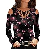 Ohrringe Verschiedene Größen Damen Langarm Schulterfreies Top bedruckter Rundhals Valentinstag locker lässiges T-Shirt für Liebhaber