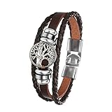 Flongo Herrenarmband Männer Frauen Armband Damen Lederarmband, Metall Leder Armband Armreif Geflochten Lederband Baum des Lebens Tree of Life Braun Surfer Wickelarmband