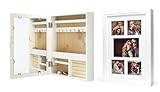 Schmuckschrank Weiß H45cm Bilderrahmen 5 Fotos MDF Holz Schmuckkasten Spiegel Wanddeko Spiegelschrank Schmuckaufbewahrung Organizer Ketten Ringe Ohrringe