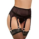 comeondear Sexy Strapsgürtel für Damen Schwarz Spitze Strapshalter Große Größen Breit Strapsen Dessous Set Strumpfhalter Strumpfband Strumpfgürtel mit 6 halter Metallclips Garter Belt(Schwarz,M-L)