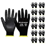 Velway 12 Paar Arbeitshandschuhe Mechaniker Handschuhe - Größe 8 Leichte Damen Gartenhandschuhe Rutschfeste mit PU-Beschichtete Herren Montagehandschuhe Atmungsaktive Handschuhe EN388 - Schwarz