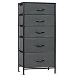 WOLTU Kommode mit 5 Schubladen aus Stoff, Kommodenschrank Sideboard Schubladenschrank, für Schlafzimmer Wohnzimmer Flur, aus Metallrahmen Holzwerkstoff, Schwarze Holzoptik + Dunkelgrau
