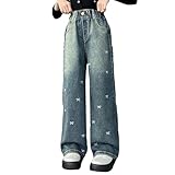 Mädchen Jeans Hosen Kinder Lässig Straight Jeanshosen Wide Leg Baggy Denim Hosen Girl Vintage Lang Denim-Jogginghose Lockere Weich Streetwear Mit Gummibund Weites Bein Sporthose (2-Blue, 7-8 Years)