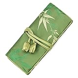 Wei Long Schmuckrolle, Reise-Schmuck-Rolltasche, Seidenstickerei, Brokat, Schmuck-Organizer mit Bindeverschluss, Bambus, Grün)