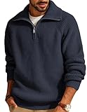 PJ PAUL JONES Herrenpullover Troyer mit Reißverschluss Half Zip Pullover Waffel Stehkragen Strickpullover L Navy Blau