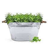 Spetebo Zinkwanne Blumenkübel mit Griffen aus Jutekordel - 52 x 37 cm - Metallwanne Pflanztopf oval Silber verzinkt - Garten Deko Wanne Blumentopf Blumenschale Pflanzkübel Pflanzschale Zinkbottich