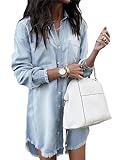 Zilcremo Damen V-Ausschnitt Blusenkleid Jeanskleider Langarm Knopf Runter Shirtkleid Tunikakleider Oben Hellblau XL