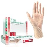 SF Einweghandschuhe L Transparent - 100 Stück Vinyl Handschuhe, Puderfrei, Latexfrei, Untersuchungshandschuhe, Putzhandschuhe, Gummihandschuhe für Medizin, Küche, Tattoo, Reinigung