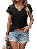 GORGLITTER Damen Spitzenkontrast T-Shirt Sommer Oberteil Spitzenärmel Tops Sommershirt Casualtee Kurzarmshirt Tunika Schwarz M