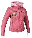 Damen Motorradjacke Lederjacke Damen Jacke mit Protektoren Lederjacke mit Kapuze Leather Jacket Biker Jacket Custom Jacke (DE/NL/SE/PL, Alphanumerisch, XL, Regular, Regular, Rosa/Pink)