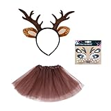 UILYNIU 3 Stück Kostüm Rentier Stirnband Mädchen Tierkostüm Kinder mit Rentier Haarreif mit Ohren Gesichtstattoo Tutu, Hörner Hirschohren für Karneval Halloween Kostüm Tier Ohren Weihnachten (3PCS)