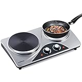 CUSIMAX Gusseisen Doppelkochplatte, Kochplatten 2er Elektrisch in 1000W+1500W, herdplatte elektrisch doppel für Garten, Wohnmobil oder Camping, Silber Edelstahl mit einstellbarer Temperatur