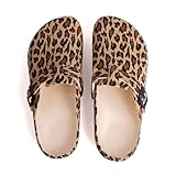 ELIOGN Damen Garten Clogs Eva – Bequeme Leichte Pantoletten mit Riemen & Süßen Mustern – wasserdichte Pflege- und Arbeitsschuhe Leopard 38