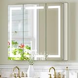 TIFULLHOME Medizinschrank mit gehärtetem Spiegel, 121,9 x 91,4 cm, einsteckbar oder fest verdrahtet, beschlagfrei, 3 Farben/dimmbar, AL-Legierung, 2 Steckdosen und USB, ETL-gelistet, Wandmontagefläche