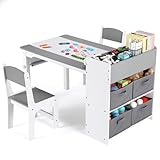 Clevich Kindertisch mit 2 Stühlen, Kindertisch mit Stauraum, Kinder Tisch Stuhl Set Holz,Maltisch Schreibtisch mit Papierrolle, 4 Aufbewahrungskiste,Kindersitzgruppe Kindertagesstätte,Grau