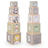 Mamabrum, Turm aus Holz – Formensortierer Zahlen Alphabet Tiere, 5 Würfel aus Holz, 5 Elemente mit geometrischen Formen stapelturm mit Tieren Baby stapelspielzeug