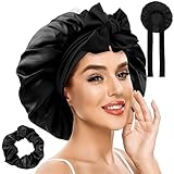 Dwafill Haar Schlafhaube, 2 Pack Haarhaube Seide mit Haargummi, Satin Haube zum Schlafen, Frauen Schlafhaube Haare SchüTzen, Haarhaube fur Die Nacht Geeignet fur Die TäGliche Pflege (Schwarz)