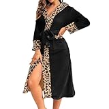 Pdakieyxnd Langer Bademantel Damen - Bademantel Damen Langarm Fleece Morgenmantel Mit Leopardenmuster Taschen Schalkragen Frauen Kimono Saunamantel BindegüRtel Flanell Robe Flauschig