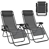 Huracan Liegestuhl 2er Set, sonnenliege klappbar mit Stufenlos verstellbare & Kopfstütze & Getränkhalter, Gartenliege Relaxliege aus rostfrei Stahlrahmen & atmungsaktiv Textilenebezug (Anthrazit)