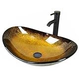 ZealWe Waschbecken Aufsatzwaschbecken Glas, Waschbecken Aufsatz Waschschale Oval für Badezimmer, Handwaschbecken Gäste WC 53 × 35 × 15 cm Waschtisch Waschplatz, Schwarz Gold