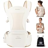 Bebamour Babytrage für Neugeborene bis Kleinkinder, Hüftsitz, 0-36 Monate, Kopfhaube, 3 Stück Zahnungspads, Taillenverlängerung, Beige