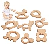 TYFYH Baby Beißring aus Holz - 8 Stück Holztiere und Holzfiguren für Natürliche Kinderpflege - Holzring für DIY Handwerk Armband