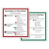 Schild Aushang Verhalten im Brandfall und Verhalten bei Unfällen als Set, 18x20cm, ISO 7010, Notfallplan