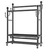 FGXHHS Tragbarer Kleiderständer auf Rollen, Doppelstangen-Rollkleiderständer mit Ablagefächern und Kleiderhaken, vielseitiger Metallkleiderständer für Schlafzimmer und Wohnzimmer (Schwarz