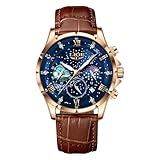 LIGE Uhr Herren | Edelstahl Wasserdicht Analog Mondphase Quarz Herrenuhr Chronograph Lederarmband Watches for Men Mit Datum Leuchtende Herrenarmbanduhren Business Retro Männer Uhren,Goldblau