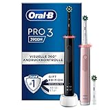 Oral-B Pro 3 3900 Elektrische Zahnbürste/Electric Toothbrush, Doppelpack & 3 Aufsteckbürsten, mit 3 Putzmodi und visueller 360° Andruckkontrolle für Zahnpflege, Geschenk Mann/Frau, schwarz/pink