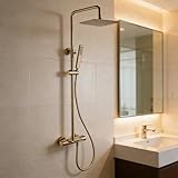 AETEREOS Duschsystem Gold mit Thermostat, Messing Duscharmatur mit Einhebelmischer, 3 Funktional Duschset Wandmontage Höhenverstellbare Duschset mit 360° Verstellbarer Regendusche, 3 Modusbraus