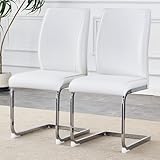 HAINEW Freischwinger Schwingstuhl mit Rückenlehne, Küchenstuhl Esszimmerstühle Polsterstuhl aus Metall & Kunstleder für Esszimmer, Wohnzimmer & Küche, 44×44,5×99cm (Weiß - 2er Set)