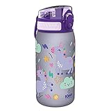 Ion8 Kinder Trinkflasche, 350ml, Auslaufsicher, Einhandöffnung, Sichere Verriegelung, Spülmaschinenfest, BPA-frei, Tragegriff, Klappdeckel, Leicht zu Reinigen, Klimaneutral, Einhormer-Design