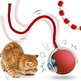 Interaktives Katzenspielzeug Katzenball,Katzenspielzeug Elektrisch Katzenball,Interaktives Katzenball Spielzeug,360 Grad Katzenball mit LED Licht,mit Seil, USB Wiederaufladbarer für Katzen(Rot)