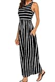 BDTECAOR Damen Sommer Casual Streifen Maxikleid Ärmellos Lockere Strand Swing Tank Kleider Schwarz L