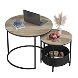 WLIVE Couchtisch Rund 2er Set, Kleiner Beistelltisch mit Stoffkorb, Satztische Wohnzimmertisch mit Metallrahmen, Kaffeetisch mit Stauraum, Graue Eiche
