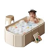 GOEDCH 75x45x25cm Faltbare Badewanne für Kinder: Beige Tragbare Faltbare Babybadewanne, Große Kleinkindbadewanne mit Ablassventil für 0-8 Jahre, Integrierte Babywanne, Integrierte Badewanne Kinder