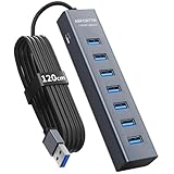 7-Port USB Hub 3.0 mit 120cm Kabel für Desktop, Aluminium USB Verteiler 5Gbps Multiport Adapter Splitter mit 5V 3A Type-C Port für PC, Laptop, MacBook, U-Disk, Maus