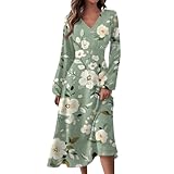 SHE.White Outlet Angebote, Kleid Dresses for Women Damen Kleid V-Ausschnitt Langarm Kleider Elegant A-Linie Blumenmuster Maxikleid Tunika Wickelkleid Langarm Kleid Damen Elegant(Mint Green,XL)
