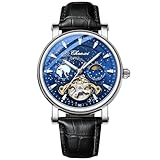 DAXIAOYU Milky Way Moon Phase Hollow Flywheel Men Mechanical Watch Full Automatic Skeleton Tourbillon Luminous Business Wristwatch, silber, blau, modisch